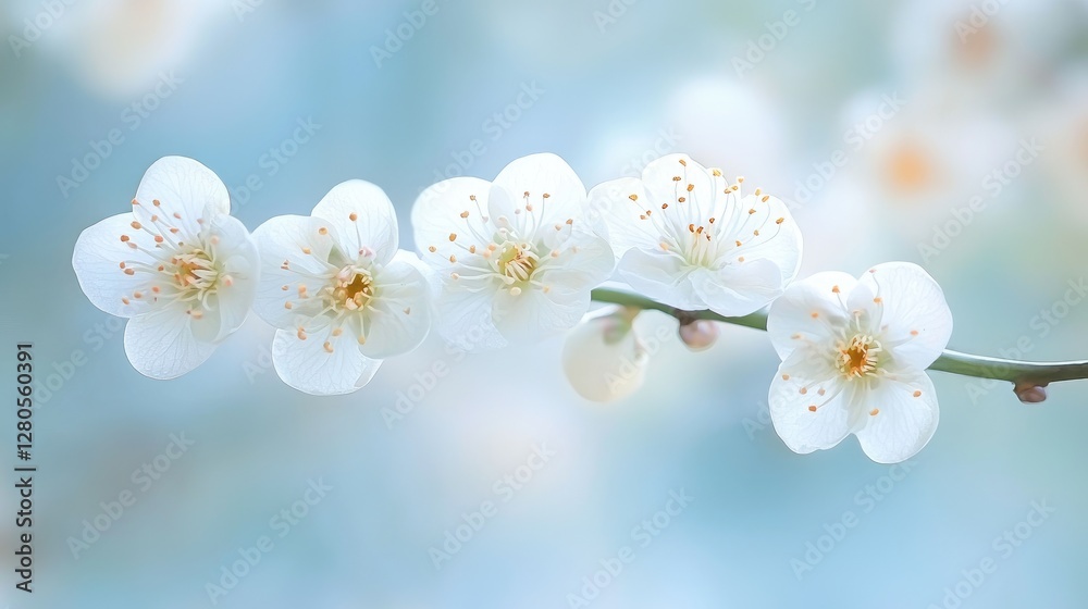 White plum blossoms branch, spring garden, soft focus, nature background, greeting card White plum blossoms branch, spring garden, soft focus, nature background, greeting card