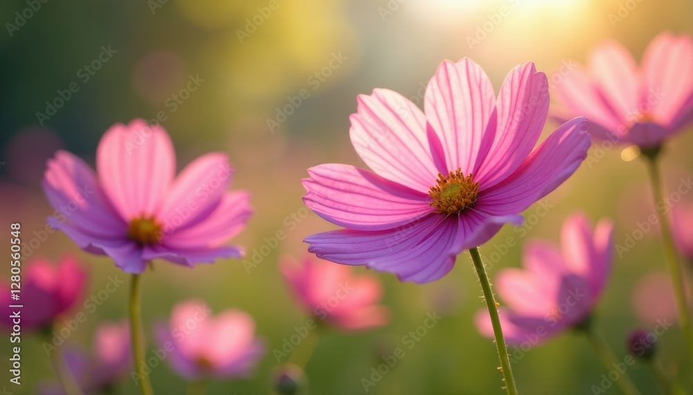 Cosmos flowers sway gently in the breeze, bathed in sunlight , green, background, blossom Cosmos flowers sway gently in the breeze, bathed in sunlight , green, background, blossom