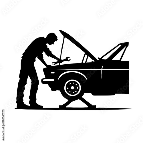 Person fixing a car in silhouette style on clear background