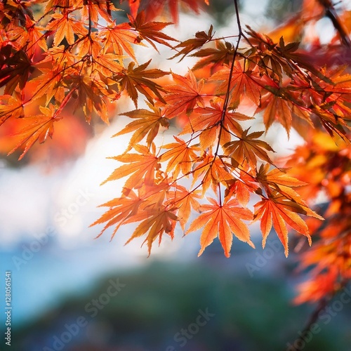 Beautiful maple leaves in autumn sunny day in foreground and blurry background  No people, close up, copy space, macro shot.