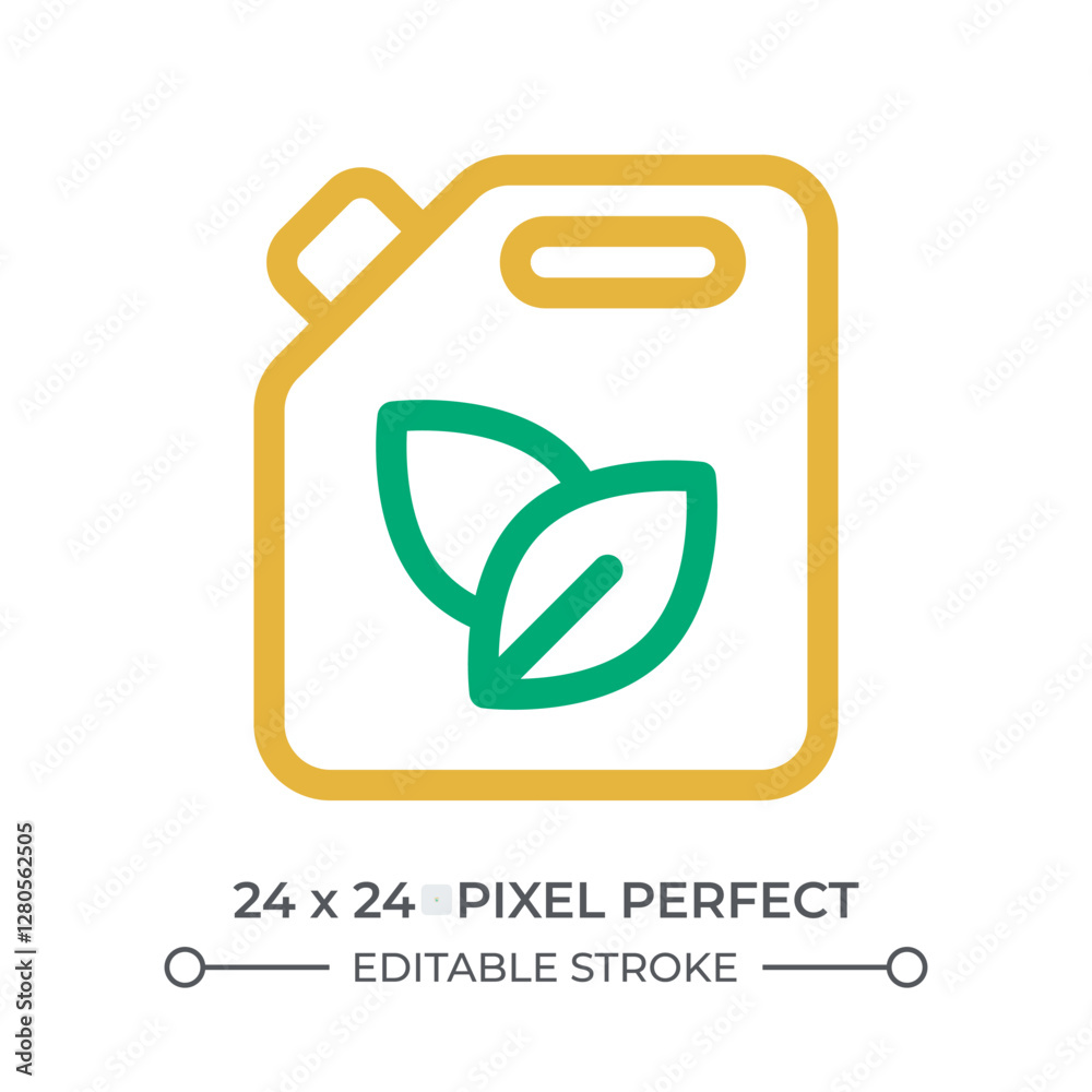 Bio fuel colorful line ui icon. Jerrycan with leaves. Eco friendly petroleum usage. Sustainable sources usage. Isolated vector duotone linear symbol. User interface element, pixel perfect Bio fuel colorful line ui icon. Jerrycan with leaves. Eco friendly petroleum usage. Sustainable sources usage. Isolated vector duotone linear symbol. User interface element, pixel perfect
