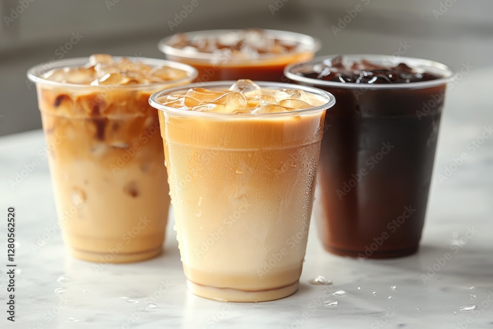 Set of three iced coffee drinks in clear cups, each with different milk ratios, straws, and ice cubes Set of three iced coffee drinks in clear cups, each with different milk ratios, straws, and ice cubes