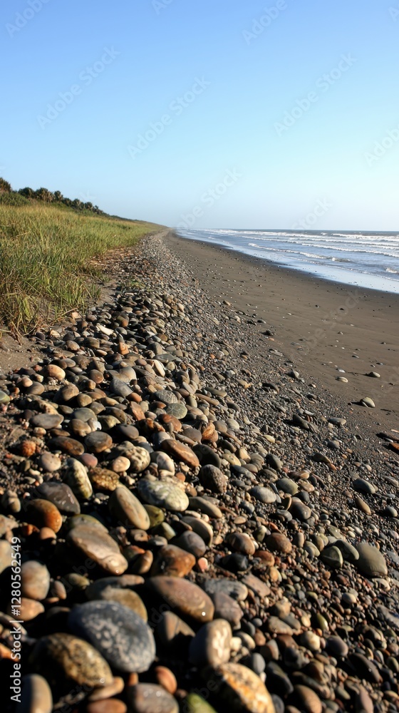 A serene beach scene featuring a pebbled shoreline with gentle waves, bordered by lush greenery under a clear blue sky. A serene beach scene featuring a pebbled shoreline with gentle waves, bordered by lush greenery under a clear blue sky.