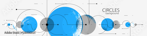 Geometric background with circles and lines vector art, abstract composition technical plan, flat minimal techno system.