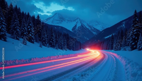 Streaking car lights illuminate snowy mountain road at dusk Blue hour sky, forest backdrop , twilight, scenic, snowy road