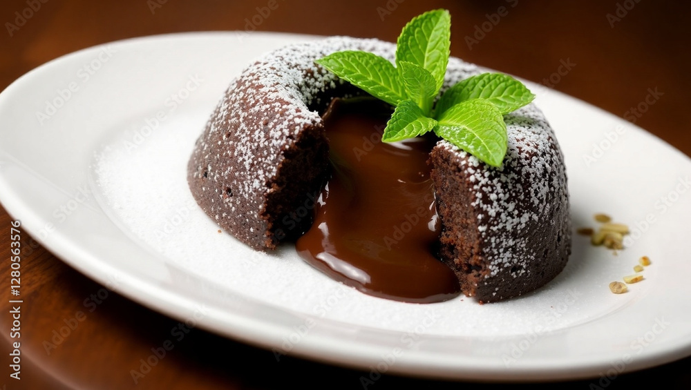 Chocolate Lava Cake with Melted Center and Mint Garnish. Chocolate Lava Cake with Melted Center and Mint Garnish.