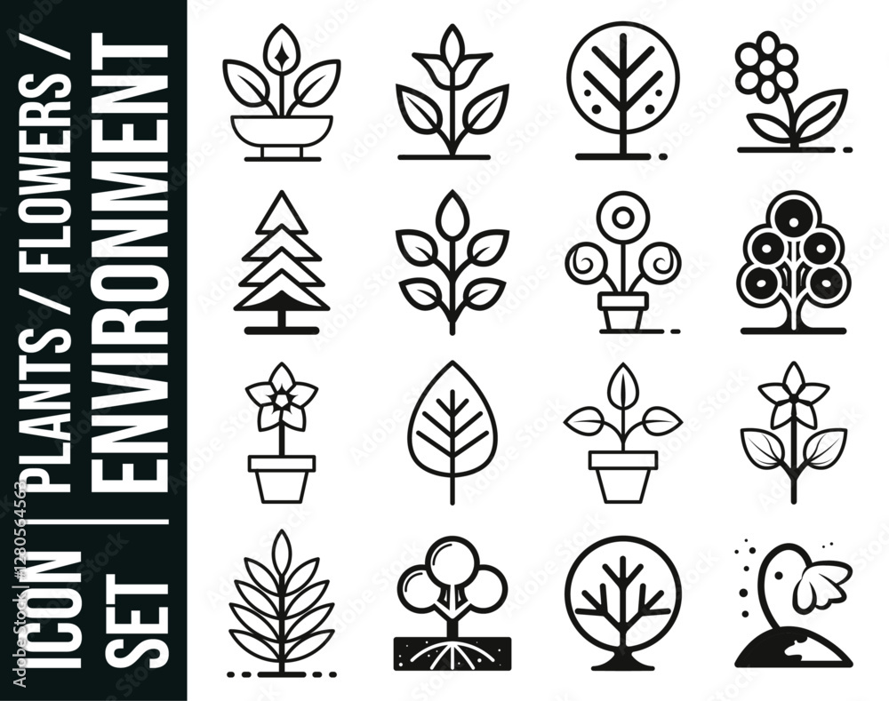 Ensemble d'icônes unicolore, symbolisant des arbres, des plantes et des fleurs. Pack d'icônes écologie et développement durable, vecteur