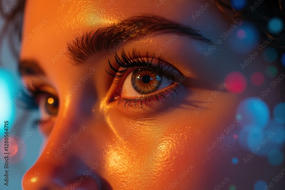 Fototapeta premium dlss Microdosing Qd-oled Emdr Psilocybin therapy Deepfake video maker Motion array Soulgen Glamnetic Lalaland ai Close-up of golden glowing female face with expressive brown eyes and long eyelashes l