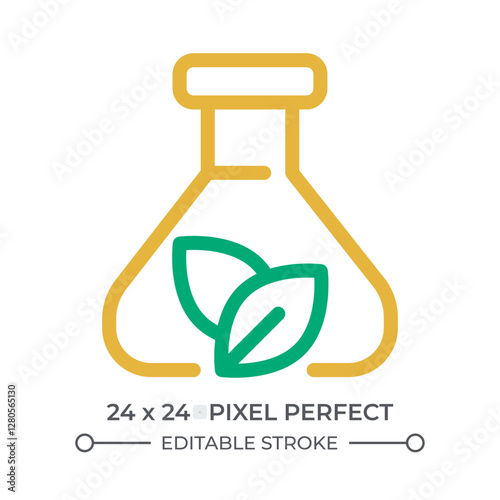 Biochemistry colorful line ui icon. Fresh plant leaves within erlenmeyer flask. Researching botanical samples. Isolated vector duotone linear symbol. User interface element, pixel perfect