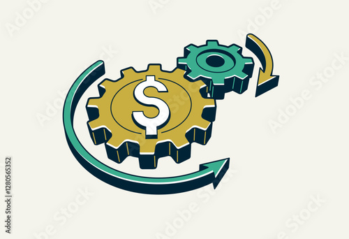 Money works concept vector icon, finances with gears mechanism, business and economic system.