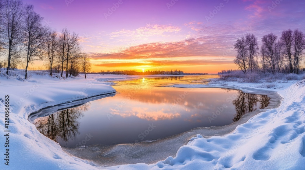 A crystal-clear winter river with delicate snowdrifts on its banks, mirroring the soft orange and purple hues of a tranquil sunset. A crystal-clear winter river with delicate snowdrifts on its banks, mirroring the soft orange and purple hues of a tranquil sunset.