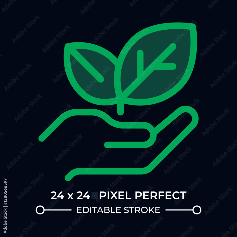 Hand holding sprout dark color ui icon. Nature care and eco friendly industry. Agriculture business support. Vector colorful symbol isolated on black. User interface element, pixel perfect Hand holding sprout dark color ui icon. Nature care and eco friendly industry. Agriculture business support. Vector colorful symbol isolated on black. User interface element, pixel perfect