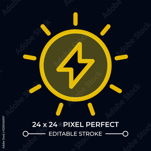 Sun power dark color ui icon. Using solar energy to generate electricity. Renewable sources usage advantages. Vector colorful symbol isolated on black. User interface element, pixel perfect