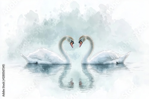 Fototapeta Naklejka Na Ścianę i Meble -  minimalist illustration of two graceful swans forming heart shape on serene water surface, delicate line art style with subtle watercolor effects