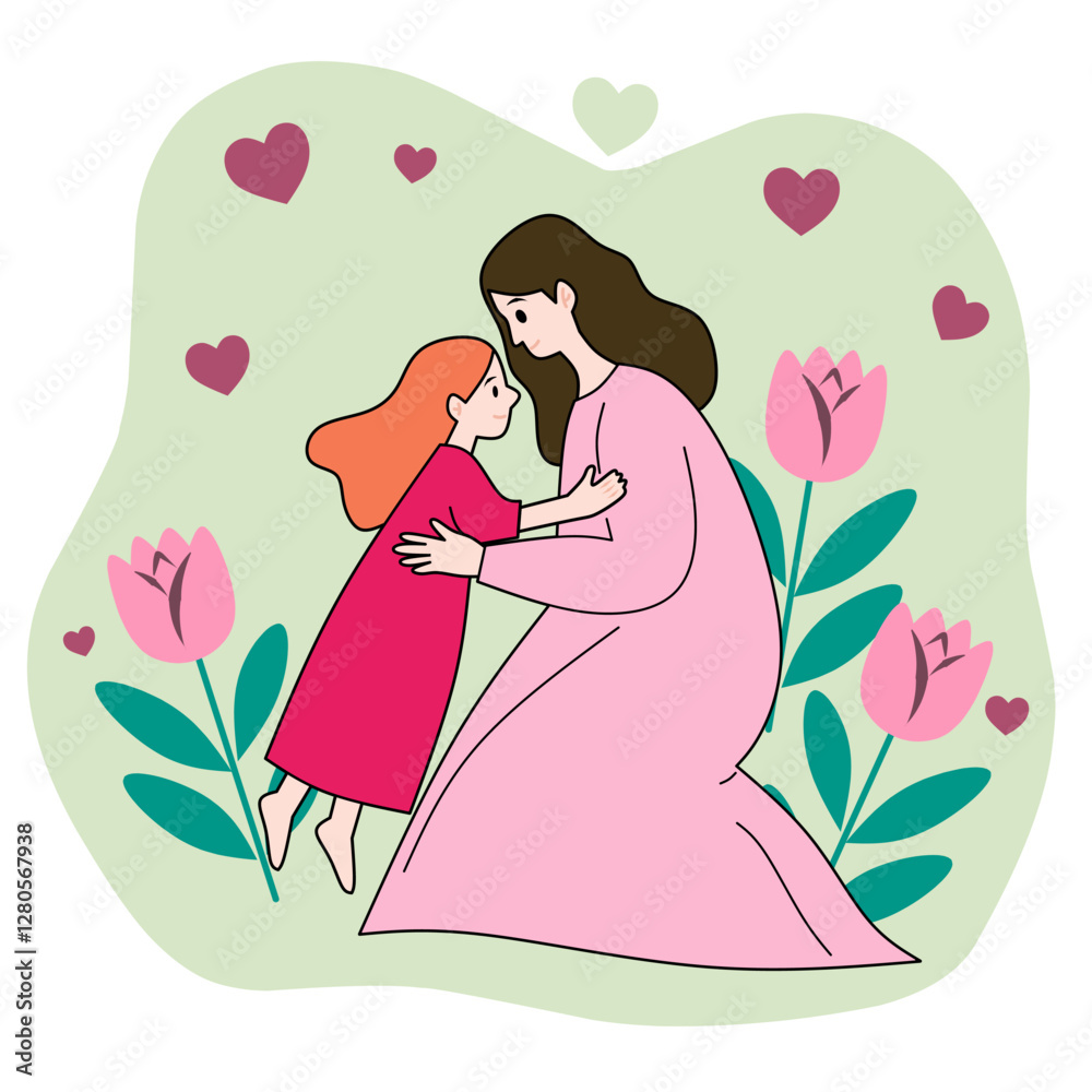 A minimalist and elegant drawing design for Mother’s Day. illustration of mother, child, flowers and abstract heart shapes symbolizing love and care. A minimalist and elegant drawing design for Mother’s Day. illustration of mother, child, flowers and abstract heart shapes symbolizing love and care.