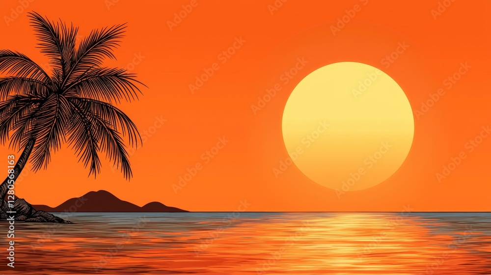 A vibrant sunset over a calm ocean, featuring a palm tree silhouette and distant mountains, creating a tranquil tropical atmosphere. A vibrant sunset over a calm ocean, featuring a palm tree silhouette and distant mountains, creating a tranquil tropical atmosphere.