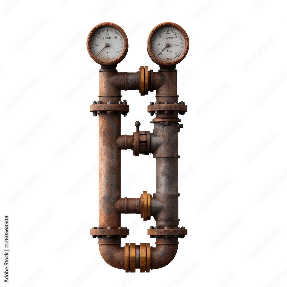 Old rusty metal pipes with two pressure gauges and rusted surface details Old rusty metal pipes with two pressure gauges and rusted surface details