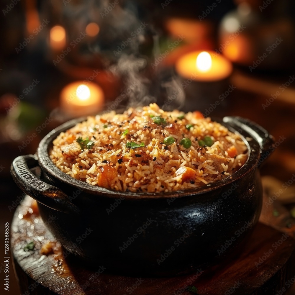 A warm pot of steaming biriyani captivates the senses, its fragrant spices mingling with the soft glow of candlelight. Perfect for a vibrant gathering filled with laughter and joy A warm pot of steaming biriyani captivates the senses, its fragrant spices mingling with the soft glow of candlelight. Perfect for a vibrant gathering filled with laughter and joy