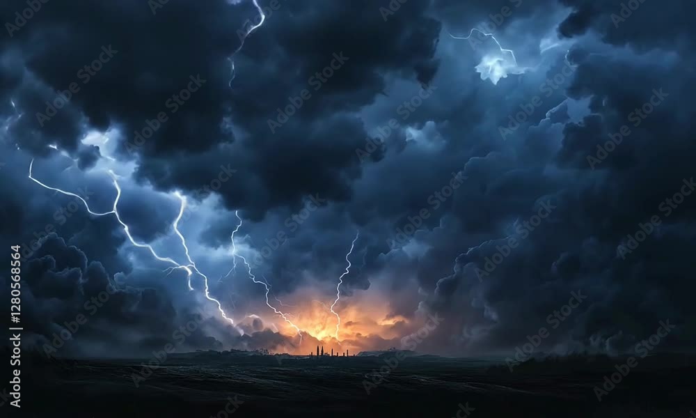 Dramatic stormy sky with lightning illuminating the horizon over a distant city at sunset Dramatic stormy sky with lightning illuminating the horizon over a distant city at sunset