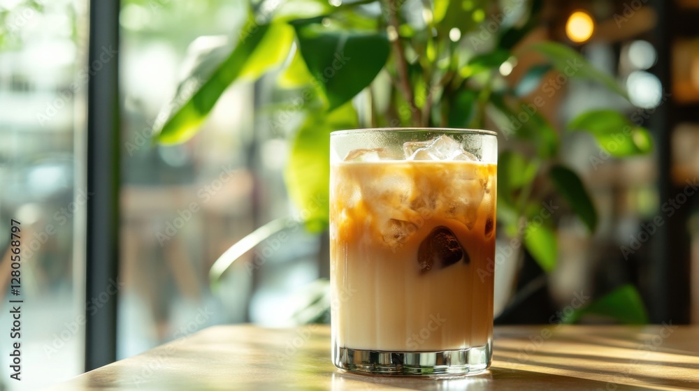 Alcohol consumption at a modern café with iced coffee and plants. Featuring freshness and relaxation Alcohol consumption at a modern café with iced coffee and plants. Featuring freshness and relaxation