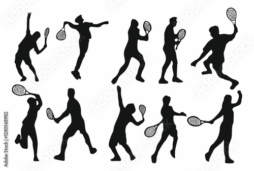 Set of black silhouettes of different tennis players in action. Vector flat illustration isolated on white background