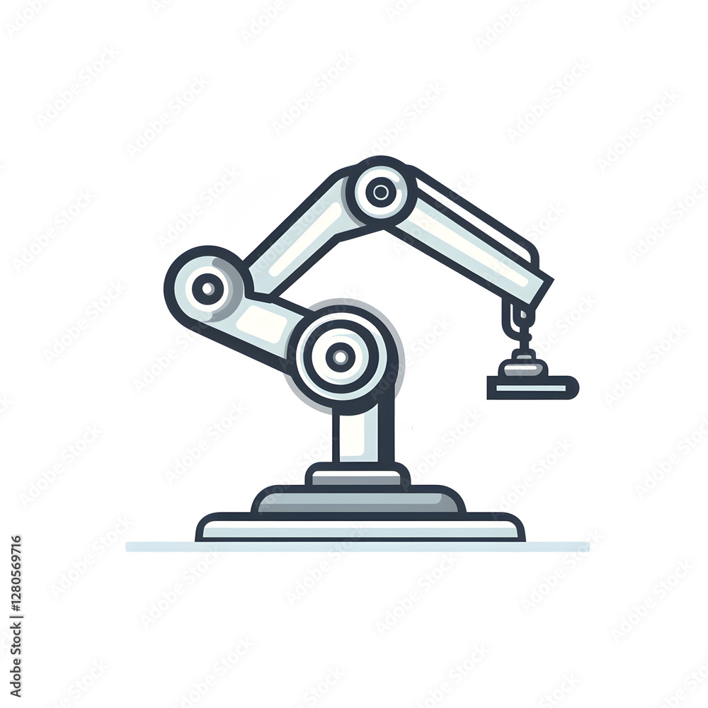 Minimalist industrial robot icon with clean lines and modern aesthetics on white background, representing automation, engineering, artificial intelligence in contemporary digital design. Minimalist industrial robot icon with clean lines and modern aesthetics on white background, representing automation, engineering, artificial intelligence in contemporary digital design.