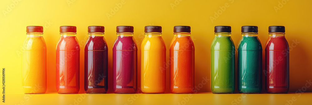 Colorful bottles filled with fresh fruit and vegetable juice or smoothie.