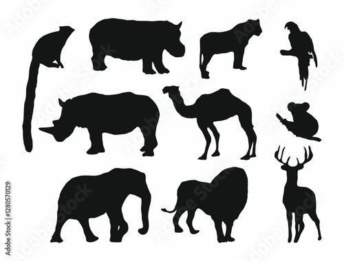 Canvas Print Set of different wild animals black silhouettes set