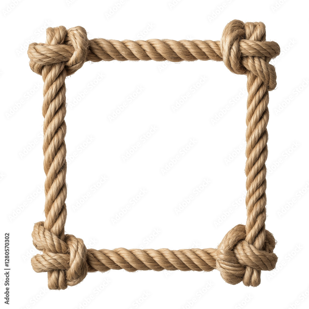 Square rope frame with four knots creating a rustic border for various decorative purposes Square rope frame with four knots creating a rustic border for various decorative purposes
