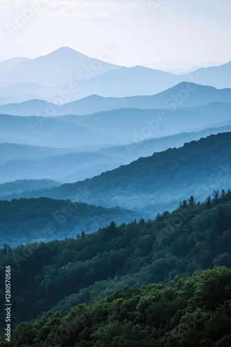 Misty Mountain Ranges, Blue Haze, Forest, Overlook photo