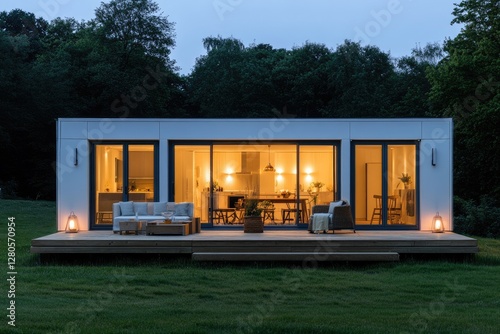 Modern prefab home lit at night on deck overlooking trees