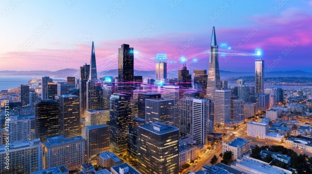Obraz premium A hyper-connected view of San Francisco financial district, overlaid with holographic social media updates, smart energy grids, and real-time AI surveillance.