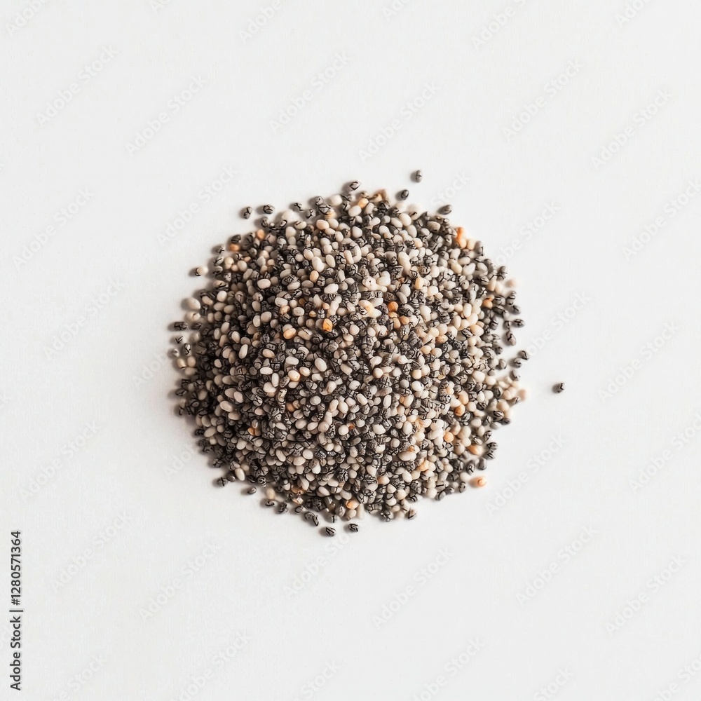 Heap of black and white chia seeds on white background Heap of black and white chia seeds on white background