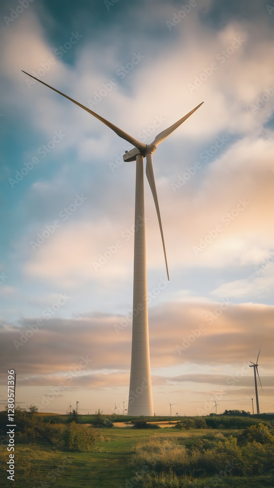 Fototapeta premium Ein Windrad zur Energieerzeugung mit atemberaubenden Himmel