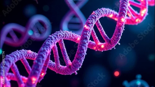 Close-Up of a Colorful DNA Helix with Glowing Elements in Dark Background