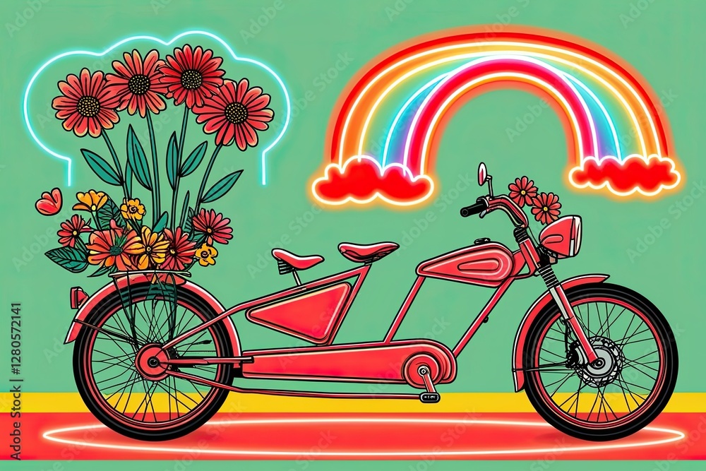 Fototapeta premium Red Bicycle with Flowers Neon Rainbow Illustration, bicycle, flowers, rainbow, neon, illustration, vehicle, design, colorful