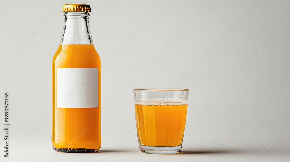 Image of appetizing presentation of several bottles of orange juice on white background. There is empty space on the bottle, label for brand name. copy space , mockup Image of appetizing presentation of several bottles of orange juice on white background. There is empty space on the bottle, label for brand name. copy space , mockup