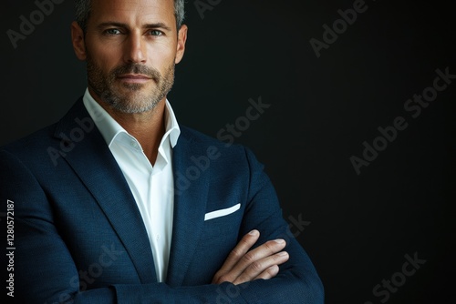 Confident mature man in a navy blue suit, arms crossed, serious expression, dark background.