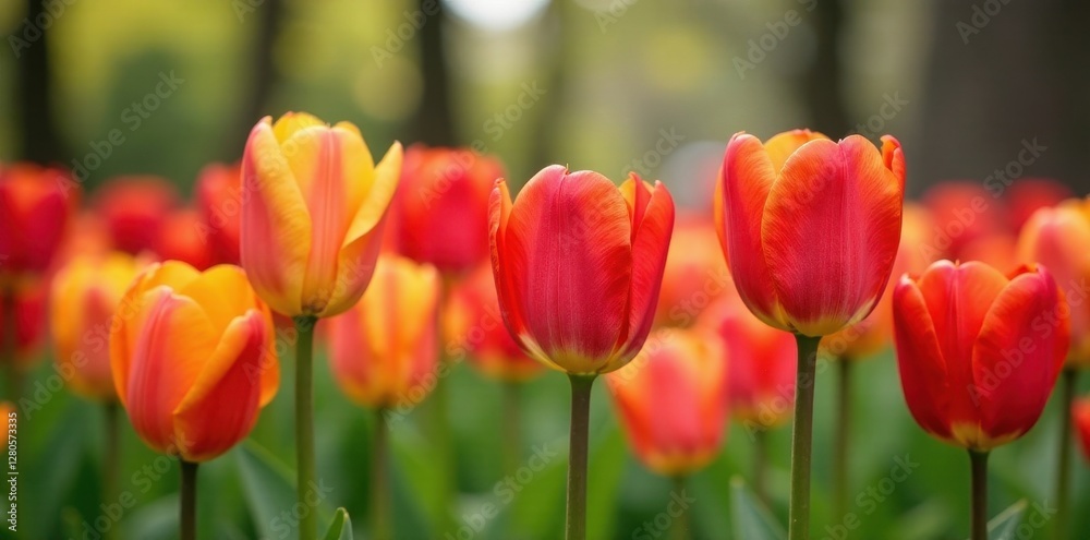 Fototapeta premium Vibrant tulips bloom in Brooklyn Botanic Garden's spring display , botanical, photo, garden