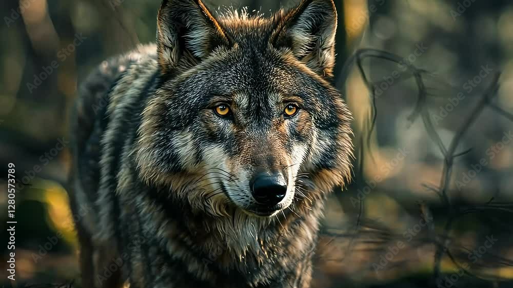 Close-up of wolf in forest with intense eyes and focused expression