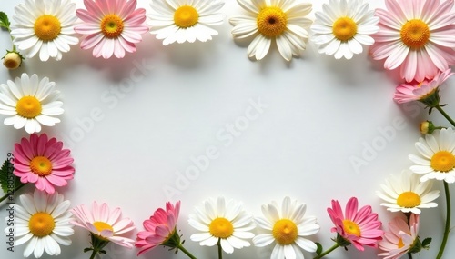 Blank frame, chamomile flowers, overhead shot Spring, summer themed , copy space, chamomile