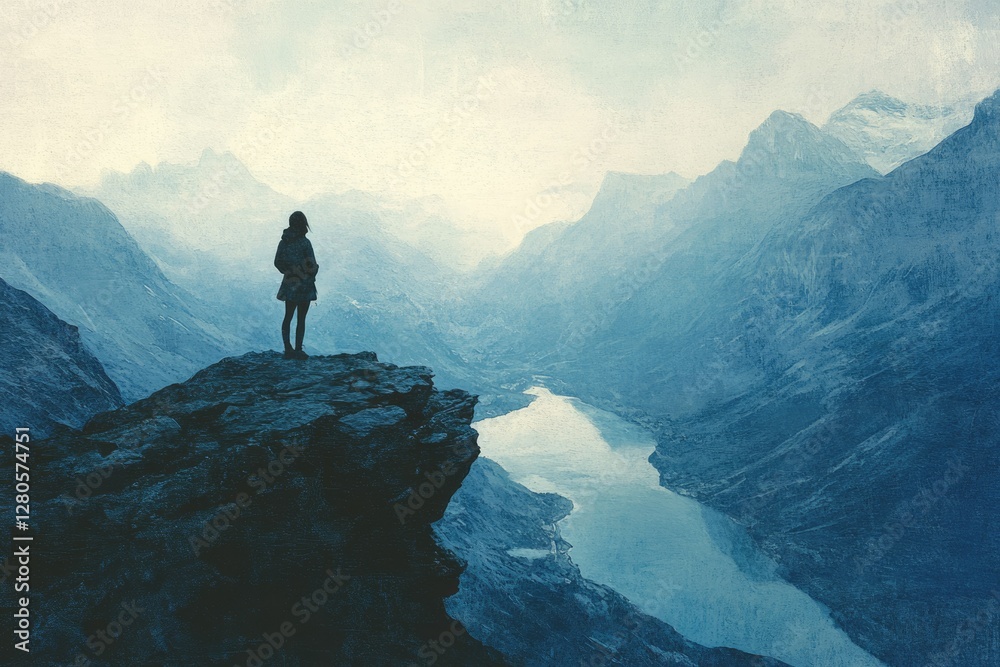 A solitary figure stands on a cliff overlooking a serene mountain valley and a winding river. A solitary figure stands on a cliff overlooking a serene mountain valley and a winding river.