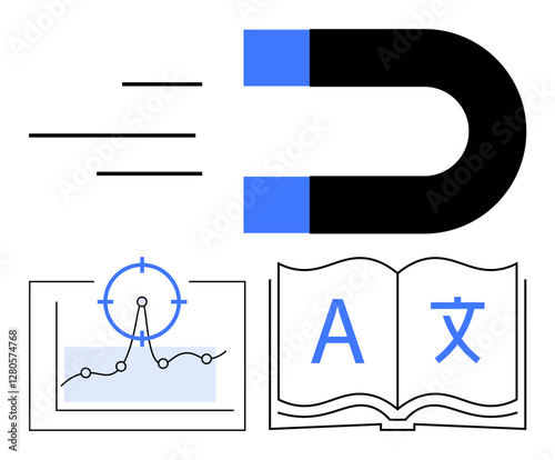 Magnet pulling lines, graph with trend data in target, and open book with multilingual characters. Ideal for education, data trends, focus, knowledge, marketing, learning abstract line flat metaphor