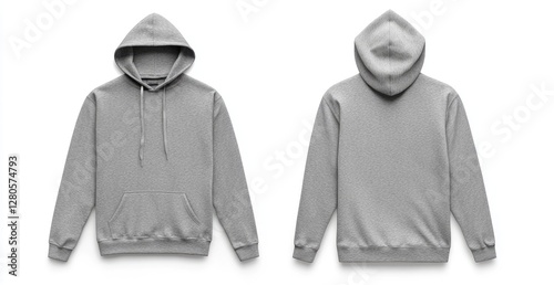 Gray hoodie mockup front and back view, white background, blank design