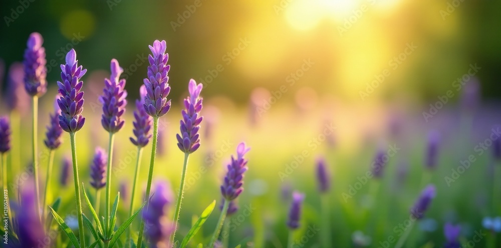 Fototapeta premium Soft focus lavender meadow with sunlight filtering through, meadow, nature, greenery