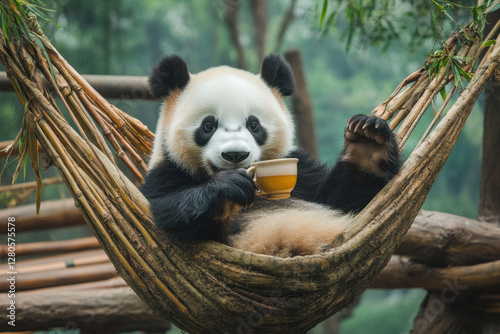 A panda lounging on a hammock made of bamboo leaves, sipping tea from a tiny cup
