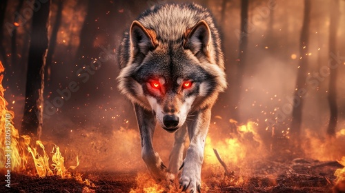 A powerful wolf with glowing red eyes prowling through a fiery woodland, as ash and sparks fly through the burning air.