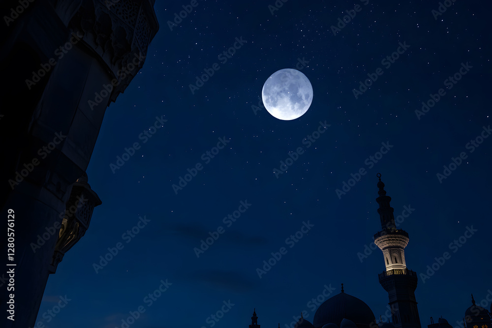 Naklejka premium Ramadan Kareem greeting. Islamic crescent moon and lantern. End of fasting. ramadan decorations, Eid al-Fitr. Breaking of holy fast day. Muslim holiday. Arab night sky. 