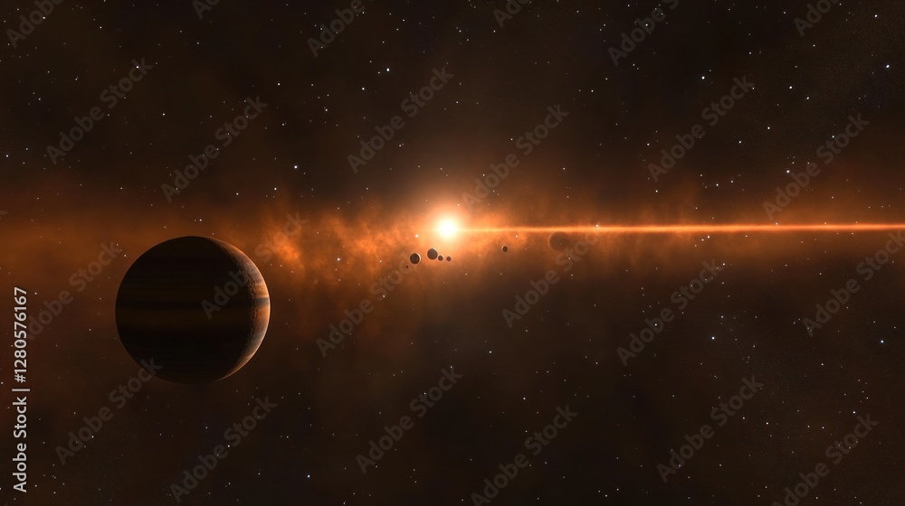 Obraz premium Orange Giant Star System: Celestial Panorama of Planets and Nebulae