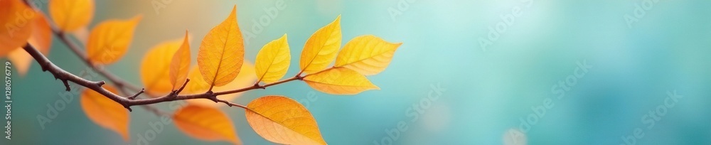 Pale yellow and orange leaf branch against blue, pastel colors, warm, nature Pale yellow and orange leaf branch against blue, pastel colors, warm, nature